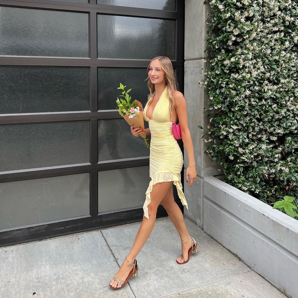 Yellow mesh sundress with ruffle details
